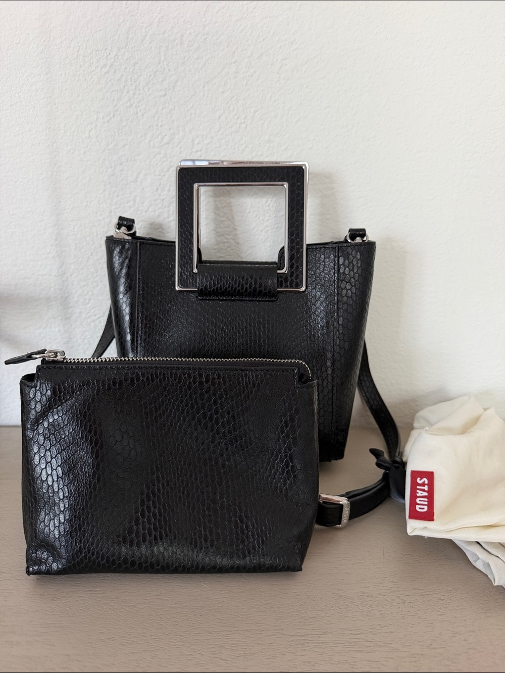 STAUD Black Snake Textured Square-Handle Crossbody